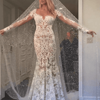 Romantisches langes Applikations-Rückenfreies Spitzen-Schwanzkleid in Elfenbein für Hochzeitskleider