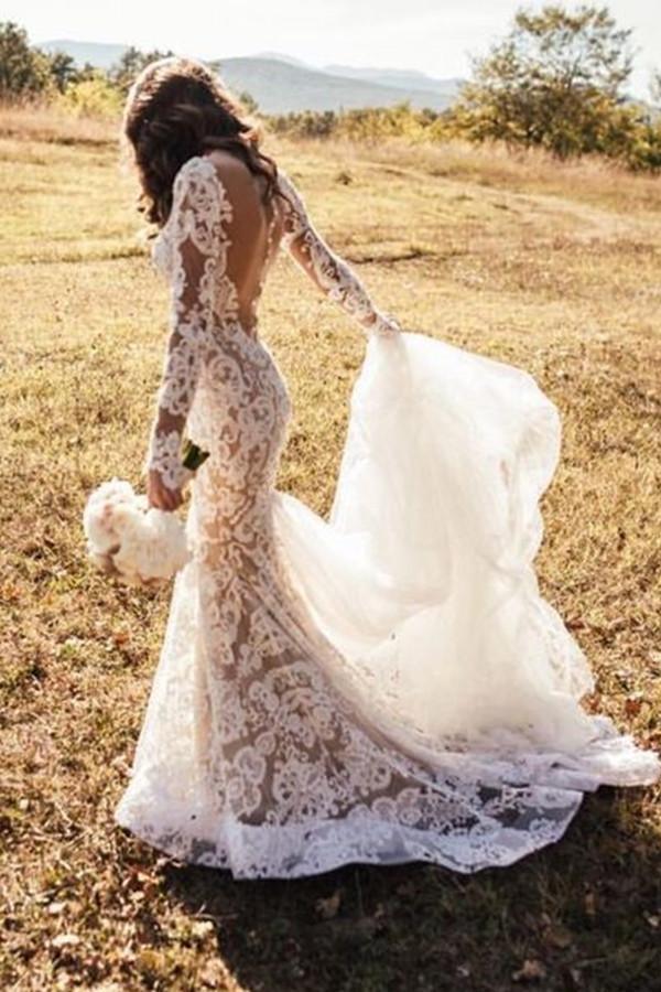 Romantisches langes Applikations-Rückenfreies Spitzen-Schwanzkleid in Elfenbein für Hochzeitskleider