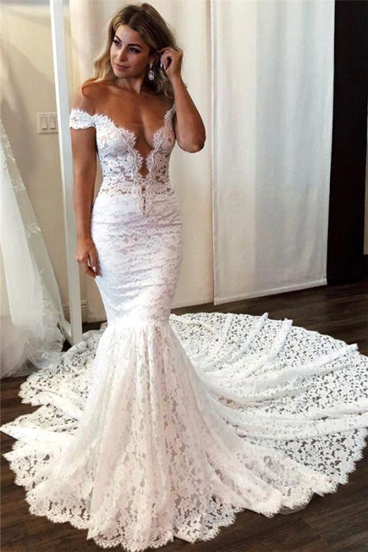 Romantisches langes schulterfreies Brautkleid mit Applikationen und Spitze in Meerjungfrauenform