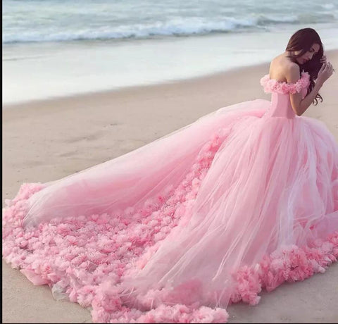 NumberSea Romantisches, bauschiges, rosa Brautkleid mit Blumenmuster, schulterfrei