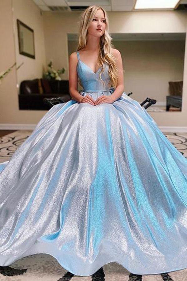 Romantisches himmelblaues Ballkleid, Abschlussballkleid, funkelndes Partykleid mit V-Ausschnitt, PSK184