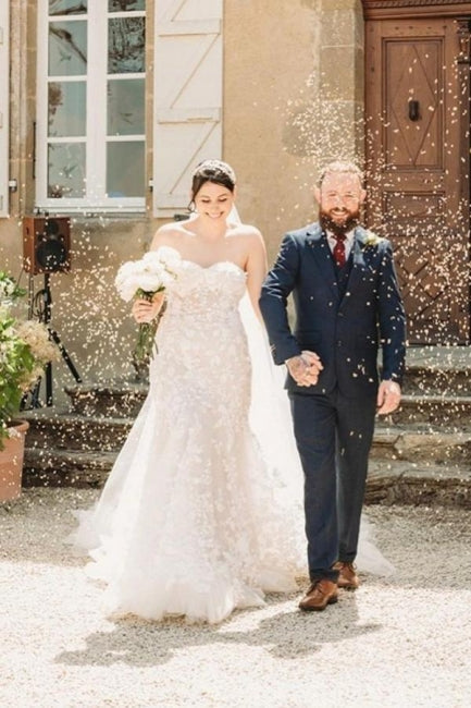 Romantisches Süßherz Trägerloses Tüll Meerjungfrau Ärmelloses Spitzen Brautkleid