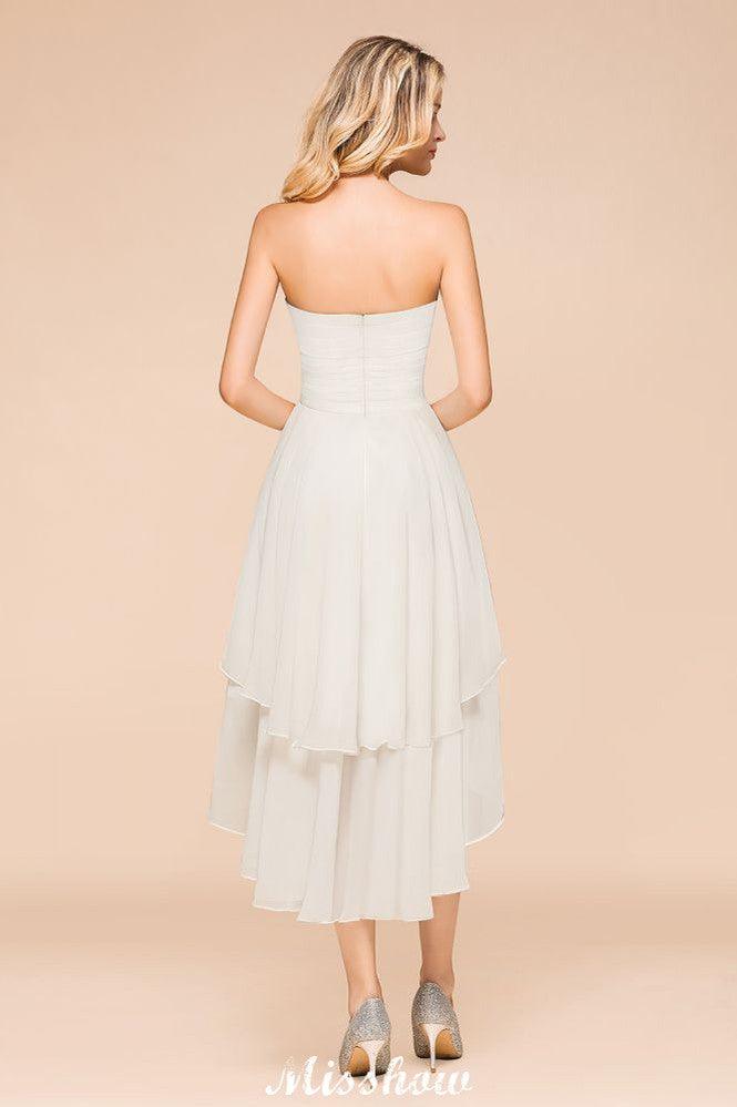 Romantic White/Ivory Sweetheart Hi-Lo Bridesmaid Dress Sleeveless Beach Wedding Guest Dress