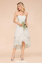 Romantic White/Ivory Sweetheart Hi-Lo Bridesmaid Dress Sleeveless Beach Wedding Guest Dress