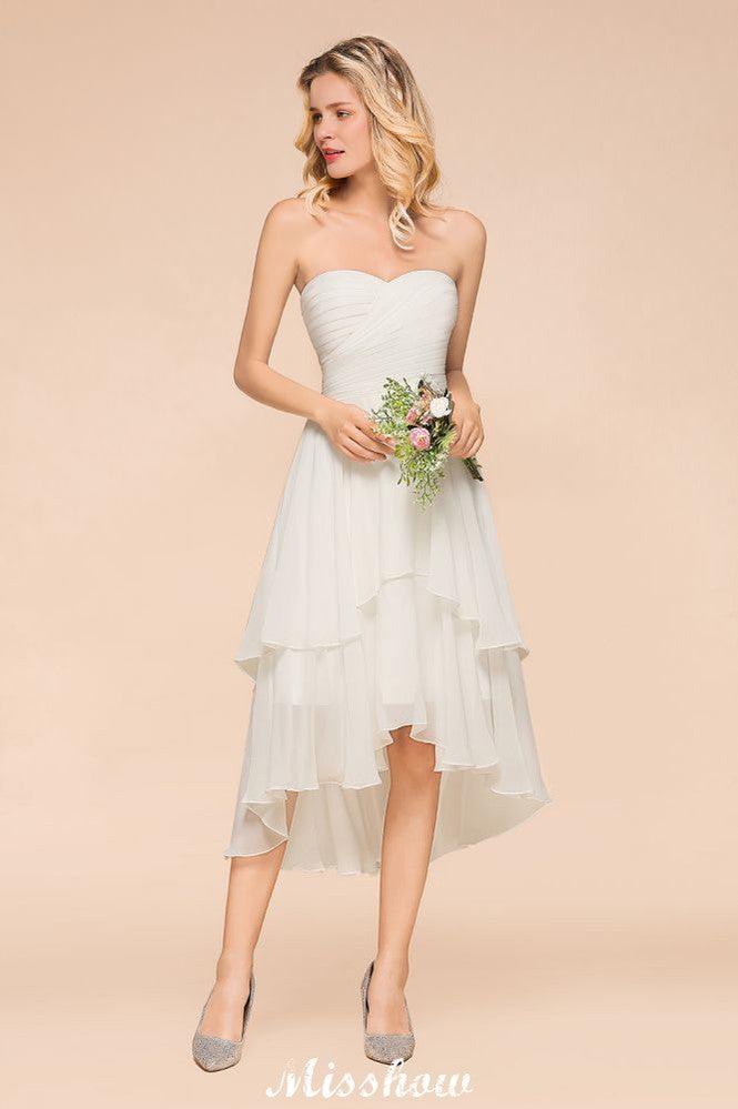 Romantic White/Ivory Sweetheart Hi-Lo Bridesmaid Dress Sleeveless Beach Wedding Guest Dress