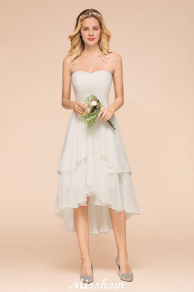 Romantic White/Ivory Sweetheart Hi-Lo Bridesmaid Dress Sleeveless Beach Wedding Guest Dress