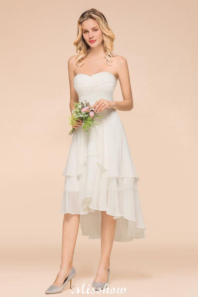 Romantic White/Ivory Sweetheart Hi-Lo Bridesmaid Dress Sleeveless Beach Wedding Guest Dress