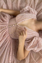 Vestidos de festa com decote em V, tule, corte A, lantejoulas e ouro rosa, com mangas