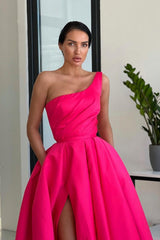 A-line Long One Shoulder Satin High Slit Evening Dresses with Pockets