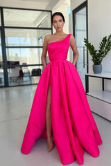 A-line Long One Shoulder Satin High Slit Evening Dresses with Pockets