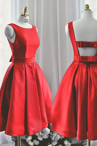 Süßes rotes A-Linien-Abendkleid aus Satin mit Rundhalsausschnitt und kurzem Schnitt, Heimkehrkleid, PD129