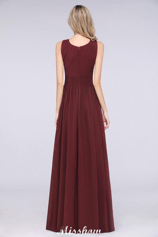 Round-Neck Floor-Length Ruffles Chiffon Bridesmaid Dress Aline Sleeveless Maid of Honor Dress