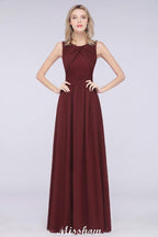 Round-Neck Floor-Length Ruffles Chiffon Bridesmaid Dress Aline Sleeveless Maid of Honor Dress