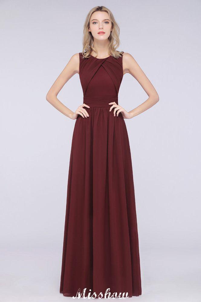 Round-Neck Floor-Length Ruffles Chiffon Bridesmaid Dress Aline Sleeveless Maid of Honor Dress