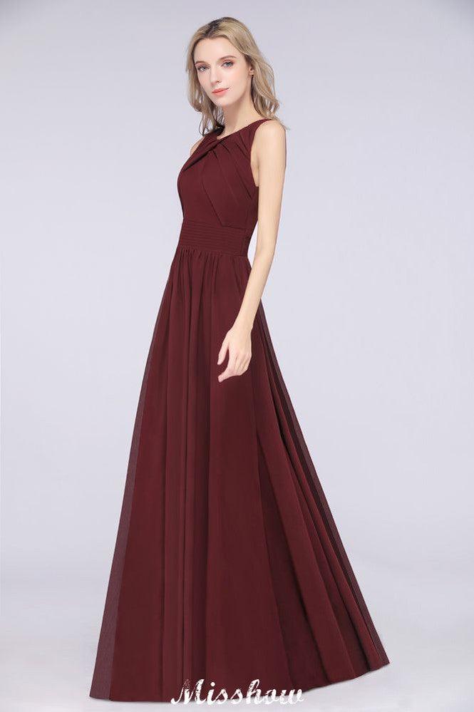 Round-Neck Floor-Length Ruffles Chiffon Bridesmaid Dress Aline Sleeveless Maid of Honor Dress
