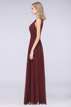 Round-Neck Floor-Length Ruffles Chiffon Bridesmaid Dress Aline Sleeveless Maid of Honor Dress