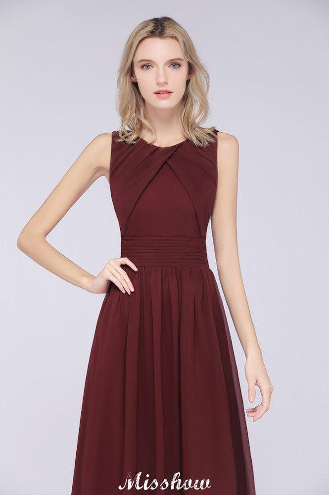 Round-Neck Floor-Length Ruffles Chiffon Bridesmaid Dress Aline Sleeveless Maid of Honor Dress