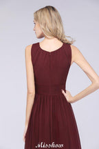 Round-Neck Floor-Length Ruffles Chiffon Bridesmaid Dress Aline Sleeveless Maid of Honor Dress