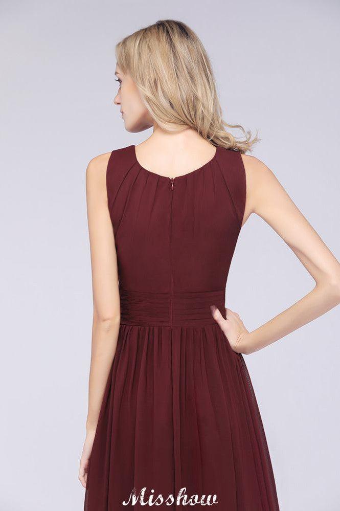Round-Neck Floor-Length Ruffles Chiffon Bridesmaid Dress Aline Sleeveless Maid of Honor Dress