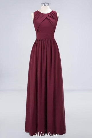 Rundhalsausschnitt Bodenlanges Chiffon Brautjungfernkleid A-Linie Ärmelloses Brautjungfernkleid