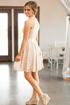 Round Neck Short Pearl Pink Lace Homecoming Party Dress with Pearls PD078