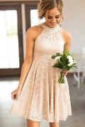 Robe de soirée de rentrée à col rond et dentelle rose perle courte avec perles PD078