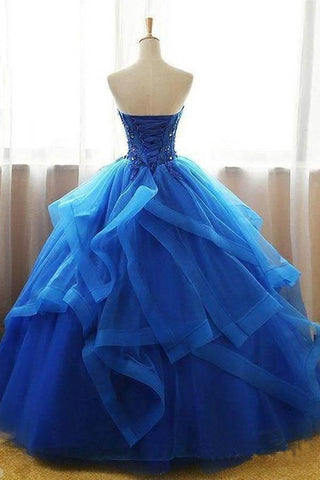 Königsblaues Ballkleid mit Organza-Spitzenapplikationen, Ballkleider PG714