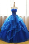 Robe de bal bleu royal en organza avec application de dentelle PG714