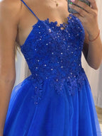 Royal Blue Long A-line Sweetheart Tulle Lace Formal Prom Dresses