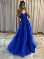 Royal Blue Long A-line Sweetheart Tulle Lace Formal Prom Dresses