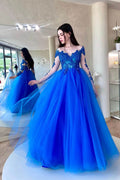 Vestido de Fiesta Largo en Azul Real con Escote de Corazón, Falda Tipo A y Mangas de Tul