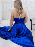 Royal Blue Long A-line V-neck Satin Backless Graduation Prom Dresses with Slit
