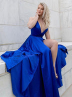 Royal Blue Long A-line V-neck Satin Backless Graduation Prom Dresses with Slit