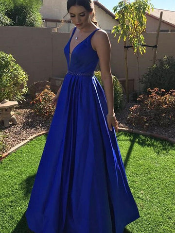 Königsblaues langes A-Linien-Abendkleid aus Satin mit V-Ausschnitt und Abschlussball