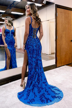 Royal Blue Long Mermaid Backless Sequin Applique Lace Prom Dress with High Slit