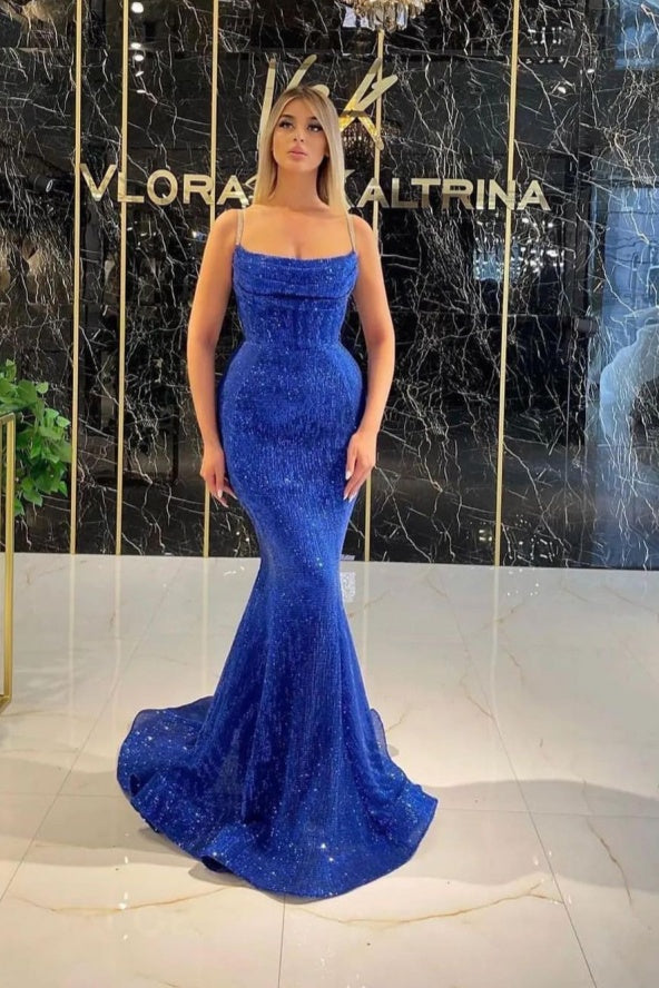 Royal Blue Long Mermaid Sequins Spaghetti Straps Sleeveless Formal Prom Dresses