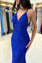 Royal Blue Long Mermaid V-neck Spaghetti Straps Backless Sequined Formal Prom Dresses