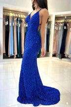 Royal Blue Long Mermaid V-neck Spaghetti Straps Backless Sequined Formal Prom Dresses by BIZTUNNEL