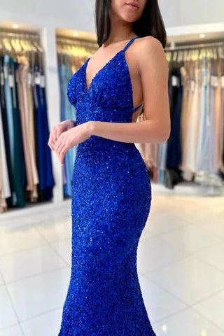 Royal Blue Long Mermaid V-neck Spaghetti Straps Backless Sequined Formal Prom Dresses