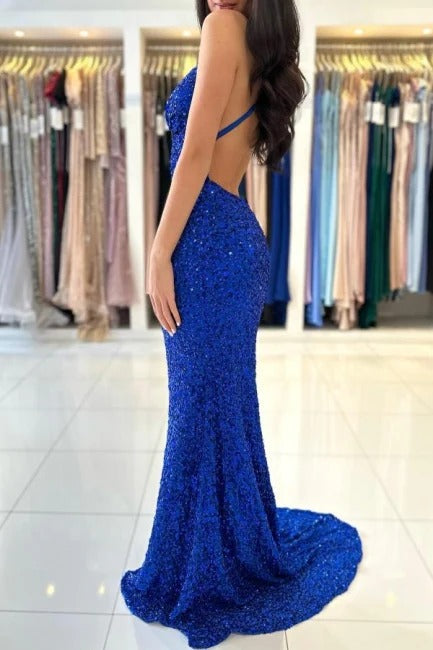 Vestidos de baile compridos azul-royal, sereia, decote em V, alças finas, costas nuas, lantejoulas