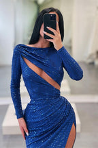 Vestido de festa estilo sereia com lantejoulas e mangas compridas azul royal e racha