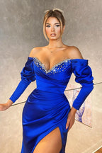 Royal Blue Long Sleeves Mermaid Off the Shoulder Satin Evening Dress with Slit