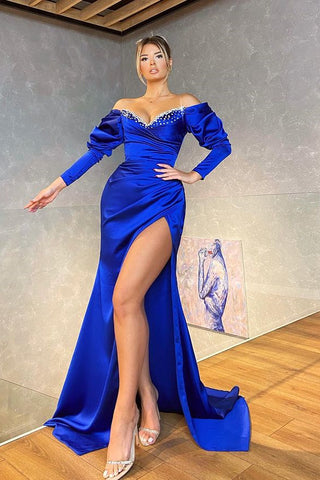Royal Blue Long Sleeves Mermaid Off the Shoulder Satin Evening Dress with Slit