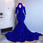 Royal Blue Long Sleeves Mermaid High Neck Evening Dress with Sequins