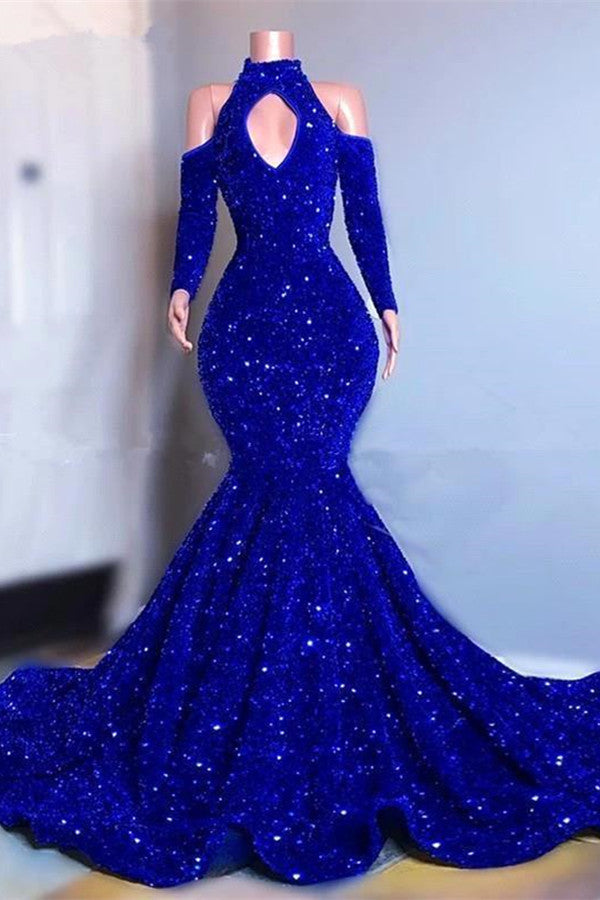 Royal Blue Long Sleeves Mermaid High Neck Evening Dress with Sequins
