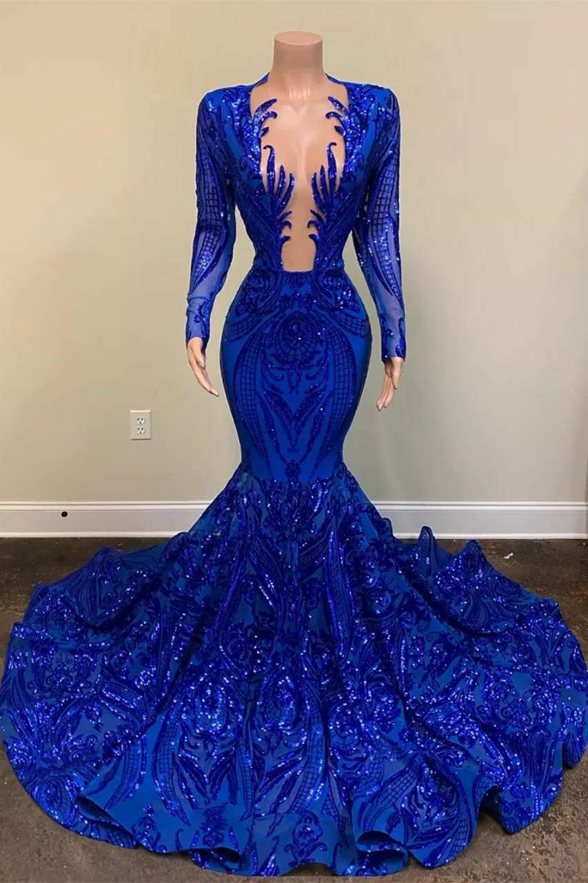 Royal Blue Long Sleeves Mermaid V-neck Prom Dress with Appliques Lace