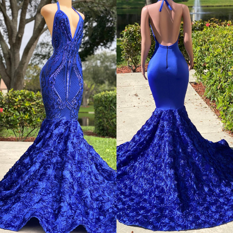 Vestido de festa comprido azul royal com decote em V e costas abertas, estilo sereia