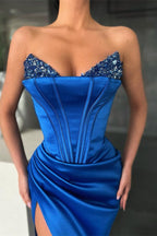 Royal Blue Mermaid Long Sweetheart Satin Evening Dress with Split