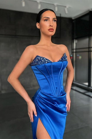 Royal Blue Mermaid Long Sweetheart Satin Evening Dress with Split