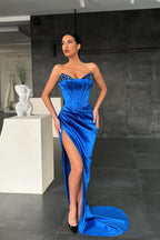 Royal Blue Mermaid Long Sweetheart Satin Evening Dress with Split